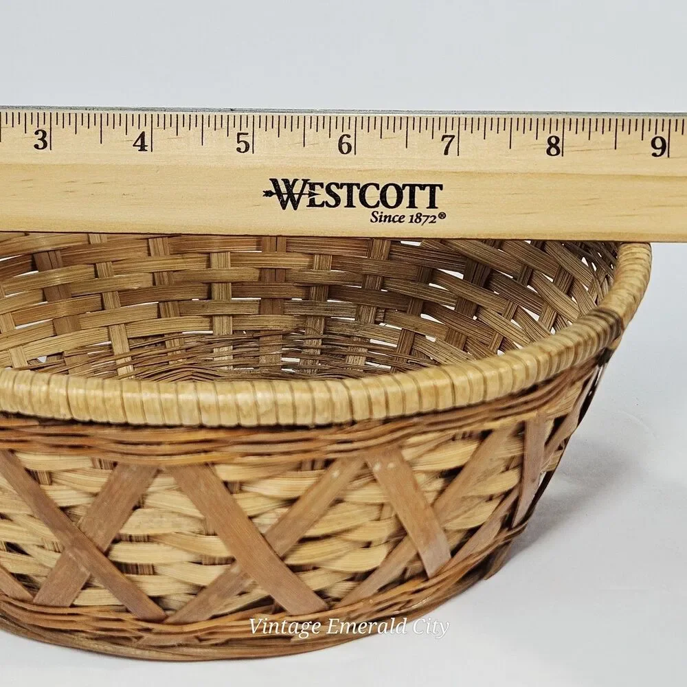 Vtg Round Open Woven Wicker Ratan Basket Catch All Bread Boho Decor MCM Handmade